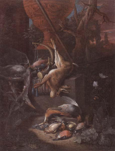 Pieter Gijsels A game still life of a hung hare,a brace of birds,a shotgun,hunting horn,and other objects,all arranged on a stone plinth and set in a landscape Spain oil painting art